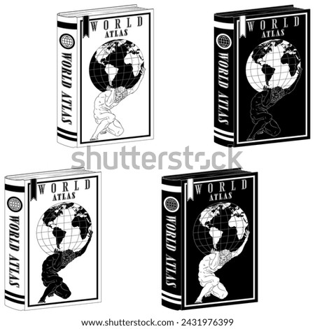 Vector design Atlas book of world maps, Greek mythology titan holding the earth sphere