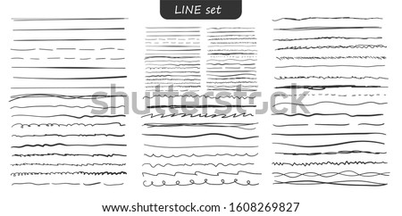 Set of lines are real markers. Different black lines - straight, wavy, broken, dashed, thick, thin. Underline. Ink hand drawn border and doodle design element. Vector illustration, EPS 10.