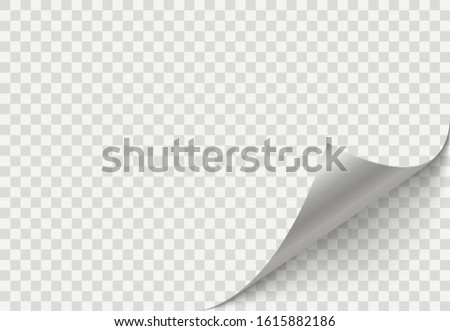 White page rotates bottom right on transparent background. Curved page corner with shadow. The element for advertising and advertising messages. Simple image insertion. Vector illustration, EPS 10.