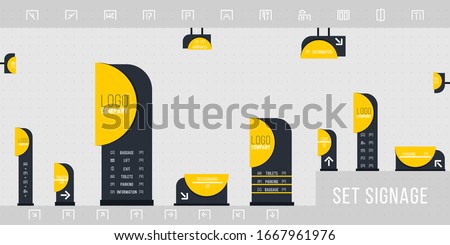 Set of signage vector.Direction,pole, wall mount and traffic signage system design template set.Exterior and interior signage concept. Office exterior monument sign, pylon sign.