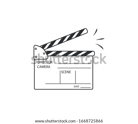 Film set clapperboard for cinema production. Board clap for video clip scene start. Lights, camera, action!Clapboard making film with text. Black and white icon on pink background.Vector illustration.