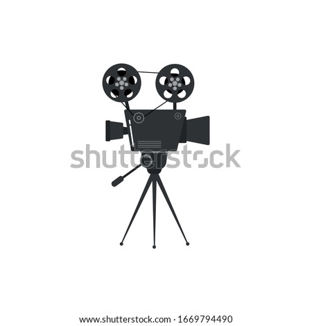 Set of old movie cinema projectors on a tripod. Hand-drawn sketch of an old cinema projectors in monochrome, isolated on white background. Template for banner, flyer or poster. Vector illustration.