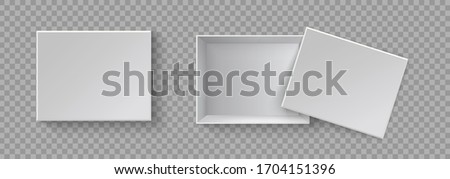 White blank packaging gift boxes. A set of open and closed boxes at different angles. White object on a transparent background. Vector illustration, EPS 10.