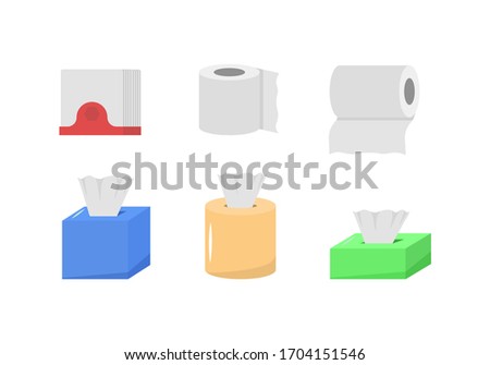 Cute cartoon fabric paper set, roll box, use for toilet, kitchen in flat design. Hygienic Products. The paper product is used for sanitary purposes. Hygiene Icons Set. Vector illustration, EPS 10.