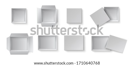 White blank packaging gift boxes. A set of open and closed boxes at different angles. Set of object on a white background. Vector illustration, EPS 10.