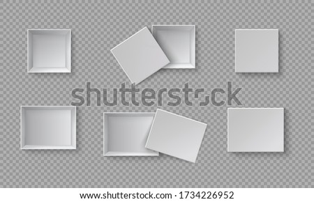 White blank packaging gift boxes. A set of open and closed boxes at different angles. White object on a transparent background. Vector illustration, EPS 10.