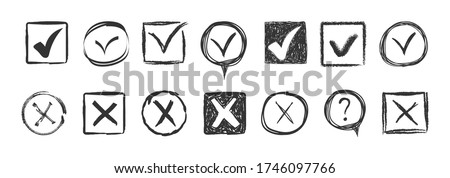 Doodle check marks. Check signs sketch, voting agree checklist mark or examination task list. Hand drawn tick V X yes no ok sign. Checkbox chalk icon, sketch checkmark. Vector illustration, eps 10.