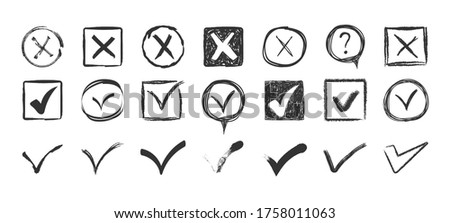 Check signs sketch, voting agree checklist mark or examination task list. Doodle check marks. Hand drawn tick V X yes no ok sign. Checkbox chalk icon, sketch checkmark. Vector illustration, eps 10.