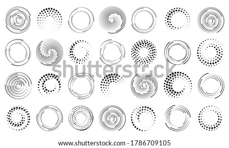 Set of black thick halftone dotted speed lines. Speed lines in circle form. Geometric art. Design element for frame, logo, tattoo, web pages, prints, posters, template, abstract vector background. Foto stock © 