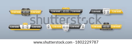 Scoreboard broadcast graphic and lower thirds template for sport soccer, football. Broadcast score banner. Sport scoreboard with time and result display. Vector illustration, eps 10.