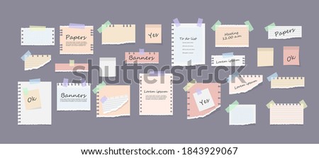 White and colorful striped note, copybook, notebook sheet. Paper notes on stickers, notepads and memo messages torn paper sheets. Office and school stationery, memo stickers. Vector illustration.
