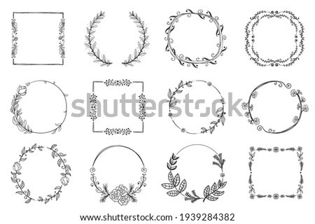 Set of floral, plant elements: leaf, branch, vine, flower. Set of floral hand-drawn frames, icons in doodle style on white background. Christmas frame, winter design. Vector illustration, EPS 10.