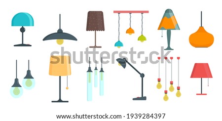 Furniture chandelier, floor and table lamp in flat cartoon style. A set of lamps on a white background. Chandeliers, illuminator, flashlight - elements of a modern interior. Vector illustration.