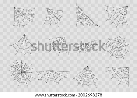 Halloween cobweb, frames and borders, scary elements for decoration. Hand drawn spider web or cobweb. Line art, sketch style spider web elements, spooky, scary image. Vector illustration.