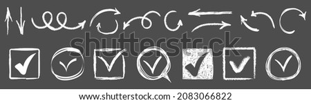 Super set doodle check mark with different circle arrows and underlines. Checklist pencil marks template. Checkboxes in the hand drawn style. Checkmarks and crosses. Vector illustration.