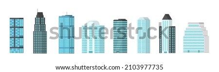 Exterior of modern city buildings. Skyscrapers urban structure with house facade. Residential and business office houses. Modern flat isolated on white background. Metropolis. Vector illustration.