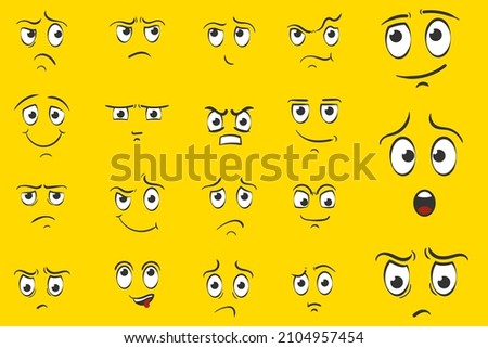 Expressive eyes and mouth, smiling, crying and surprised character face expressions. Emoticon comic avatar set. Colored emotions collection. Cartoon face expression. Hand drawn doodle style. Vector.