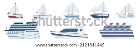 Travel boat boating, motorboat, big vessel in flat design. Ocean sailboats ships yacht and catamarans, marine transport. Set of sea cartoon ship on white background. Side view vector illustration.