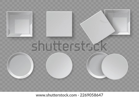 White blank packaging gift boxes. A set of open and closed box at different angles. Set of objects on a transparent background. Vector illustration, EPS 10.