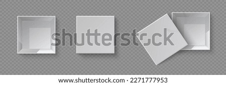 Set of open and closed box at different angles. White blank packaging gift boxes. Set of objects on a transparent background. Vector illustration, EPS 10.