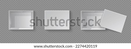 White blank packaging gift boxes. A set of open and closed box at different angles. Set of objects on a transparent background. Vector illustration, EPS 10.