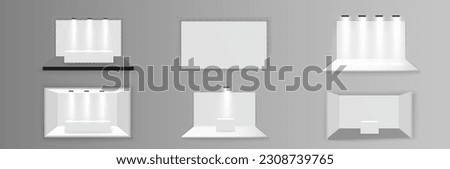 Scene show Podium for presentations. White empty promotional 3D exhibition booth. White empty indoor exhibition stand for presentation with spotlight  on the gray background. Vector illustration, EPS 