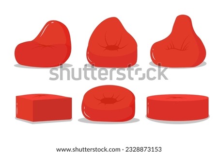 Red beanbag in trendy flat style. Comfortable fluffy soft chair in front and left view. Pouf furniture icon isolated on white background. Set of pillow in a different shape. Vector illustration. 