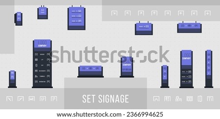 Set of signage vector. Exterior and interior signage concep. Direction, pole, wall mount and traffic signage system design template set. Office exterior monument sign, pylon sign.