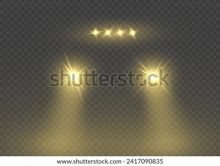 Car headlights, automobile front view light overlay effect. Vector round train yellow flash. Auto realistic shine. Glowing headlamps, vehicle lamps. Vector light from the headlights PNG.