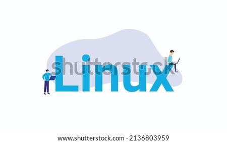 Linux operating system concept with lettering and coding with laptop
