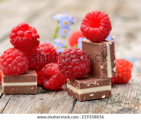 Fresh raspberries with chocolate cubes Fresh raspberries with ice chocolate and flowers forget-me-on the old wooden table outdoorsselective focus