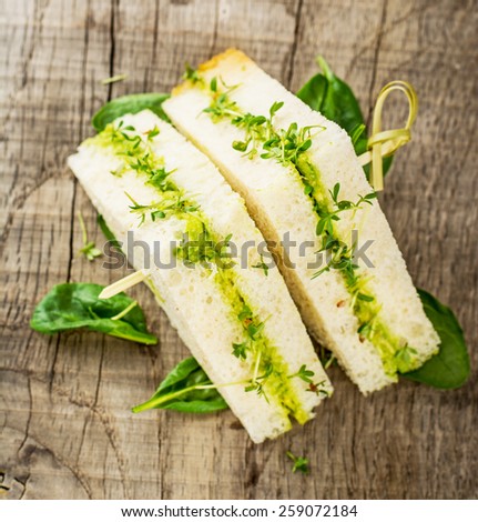 Toasts with watercress and avocado cream. Decorated with spinach leaves. Concept of healthy food. Selective soft focus