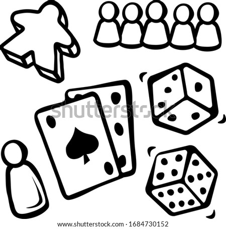 Play Set Dice Playing Cards Pawns Meeple Board Games Boardgame Gambling Chance Ace of Spades Vector Doodle Illustration Hand Drawn