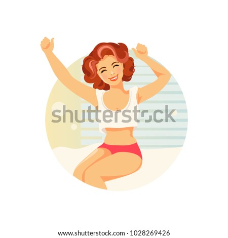 Smiling woman waking up stretching in bed. Vector illustration