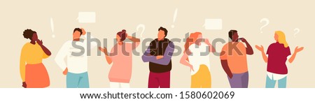 Set of puzzled and surprised office people. Problem solving and discussion. Vector flat illustration