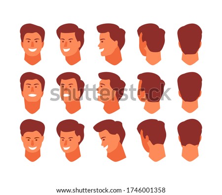 Man head view from different angles. Face front, side, top, bottom, back. Animation and rotation vector template