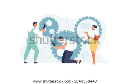 Technical support team dispatcher and engineers troubleshoot problems. Vector illustration