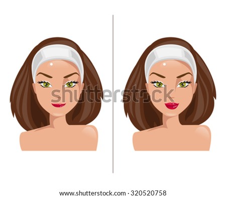 Illustration girl with lips before and after plastic surgery