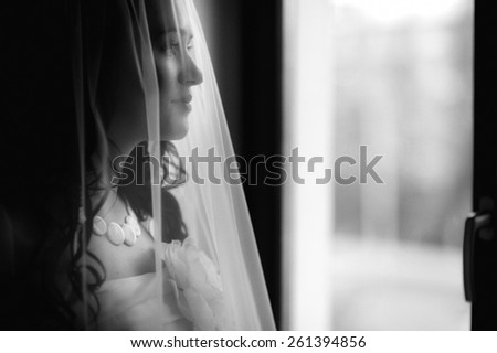 black and white portrait of the bride close-up in profile against the window, looking out the window Bride