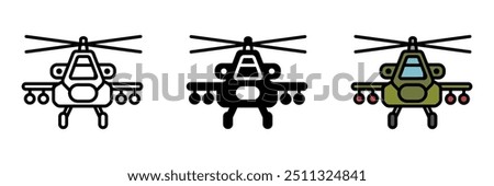 Attack Helicopter Icon, A heavily armed helicopter designed for ground attack missions, providing air support, reconnaissance, and anti-armor capabilities.