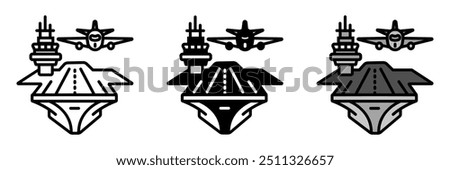 Aircraft Carrier Icon, A large naval vessel equipped to deploy, recover, and support aircraft operations at sea, serving as a mobile airbase.