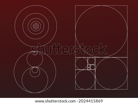 Divine Proportions, Golden ratio template, Golden spiral, Fibonacci numbers, philosophical mathematical logo, Fibonacci array, Geometric sign of Fibonacci section.