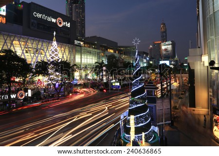 Bangkok, Thailand - December 30, 2014 : Christmas and New Year celebration at Central World shopping mall at night. It is luxury shopping mall in city center of Bangkok, Thailand