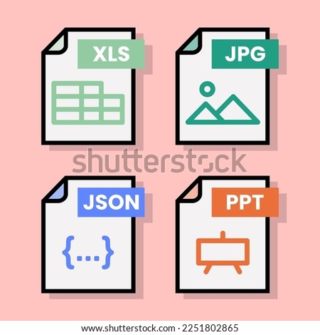 Document file folder download vector color format pdf doc xls jpg zip txt png json ppt csv xml ai mp3 mp4 html psd css js
