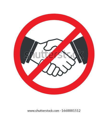 No handshake icon with red forbidden sign, avoiding physical contact and corona virus infection