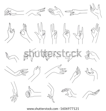 Vector set of woman hand gestures. Line black and white isolated illustration 