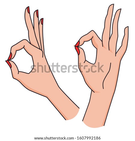 Vector set of ok gesture. Isolated delicate woman hands with red nails. 