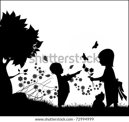 Illustration Silhouette Of Two Children, A Boy And A Girl Playing With ...