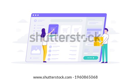 Woman click ecommerce product web app, payment with credit card, man bring product box, illustration flat suitable for user interface, ui, ux, web, mobile, banner and infographic. 商業照片 © 