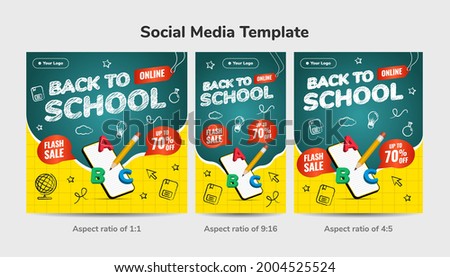 Back to online school social media template background. Flash Sale up to 70 percentage off. Design with icon chalk style and 3d illustration.